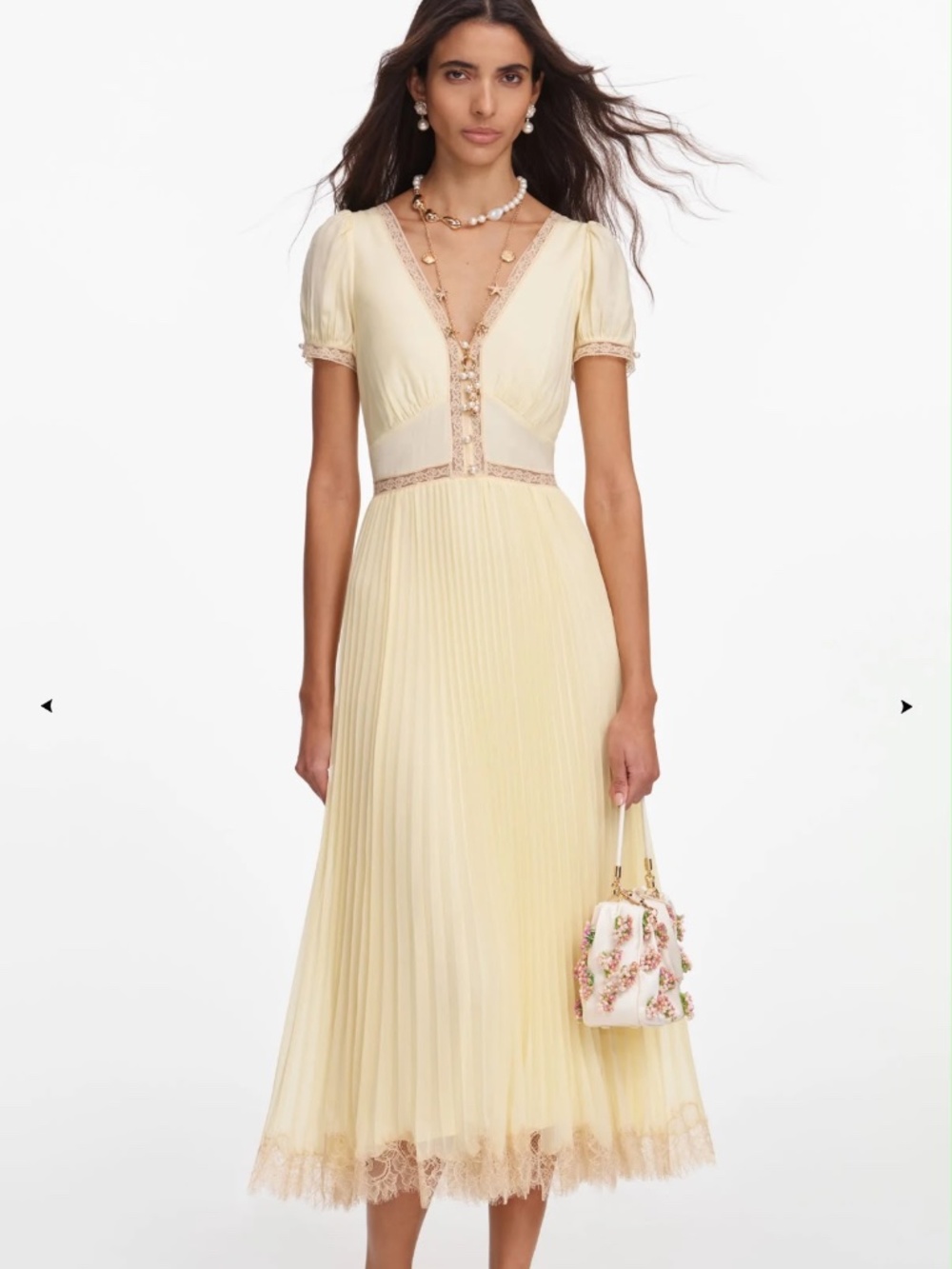 SELF PORTRAIT YELLOW VISCOSE PLEATED LACE MIDI DRESS NWT